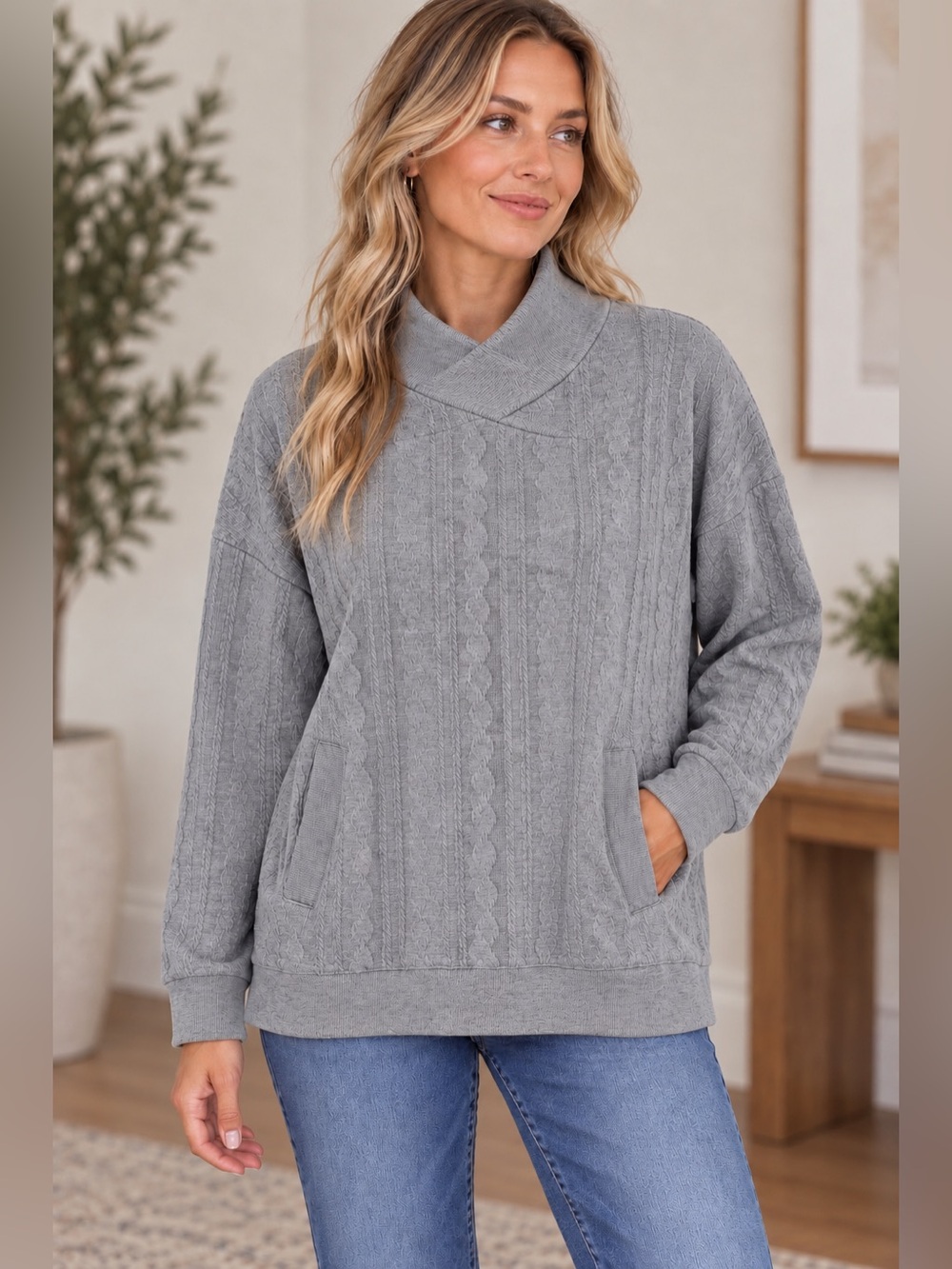 French Laundry Gray Cable Knit Mock Neck Pullover Sweater Large Pockets